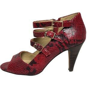 ISOLA Red Leather Snakeskin Peep Toe Heels Strappy Buckle‎ Detail Size 9M